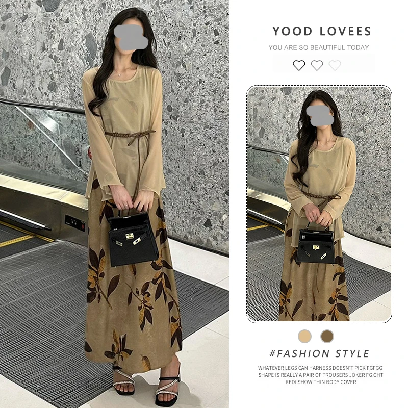 纯欲辣妹印花连衣裙外搭长袖罩衫上衣夏季新款修身显瘦A字裙套装