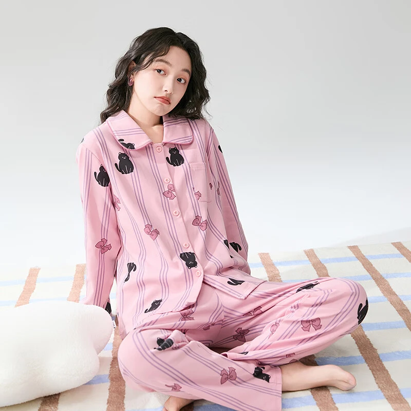 芬腾睡衣女【柔软小猫外穿】2025年纯棉100%棉翻领长袖开衫家居服