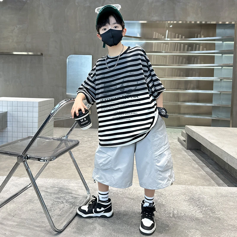 男童夏装新款条纹套装2025帅气儿童夏季青少年韩版男孩运动童装75