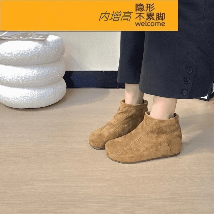 百搭靴子小个子7cm内增高棕色复古短筒瘦瘦靴女靴秋黑褶皱长靴