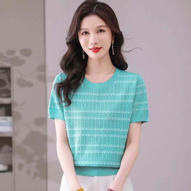 短袖t恤女薄款夏季女装2024新款时尚妈妈夏款条纹针织衫