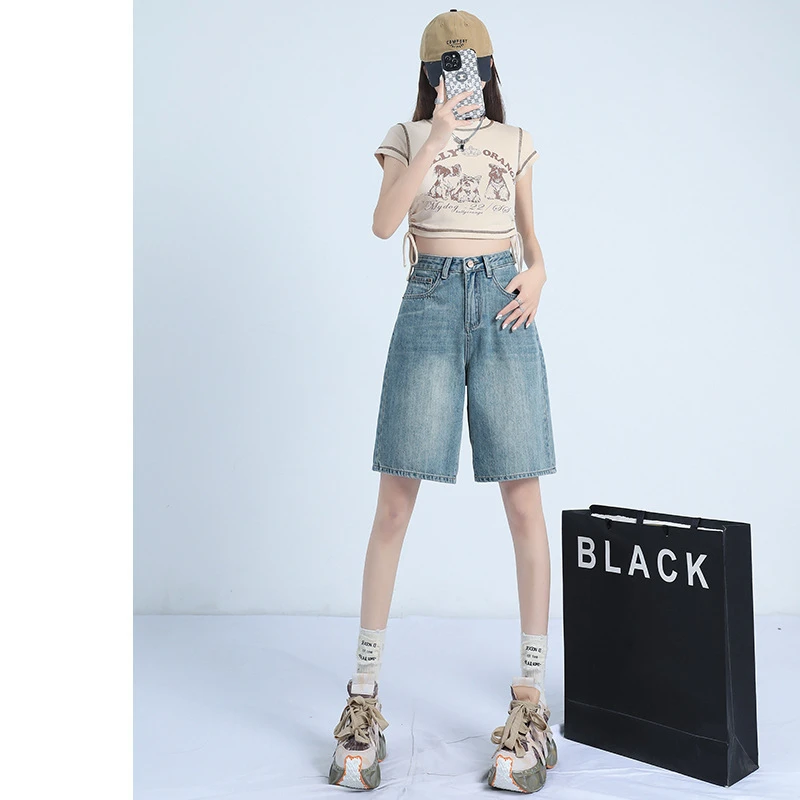 高腰五分牛仔短裤女夏季薄款2025新款宽松显瘦直筒小个子5分中裤