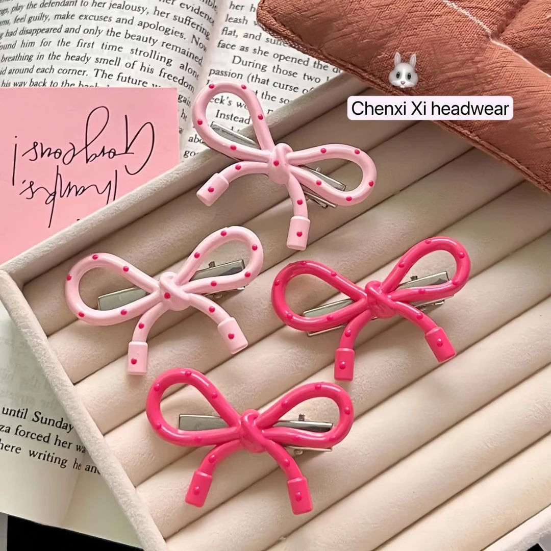 【咕噜】韩系简约波点粉色蝴蝶结鸭嘴夹简约百搭刘海边夹小众头饰