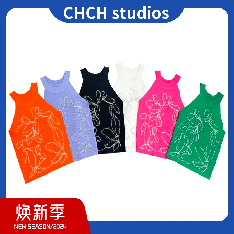 JY4BXC33925春夏新款打底修身无袖针织花朵吊带背心女