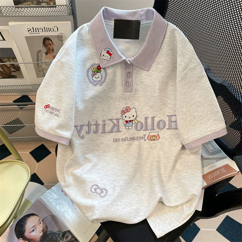 韩系可爱hellokitty刺绣短袖t恤男女夏学院风撞色翻领polo衫上衣
