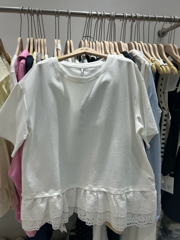 F6338时尚宽松显瘦下摆拼蕾丝T恤