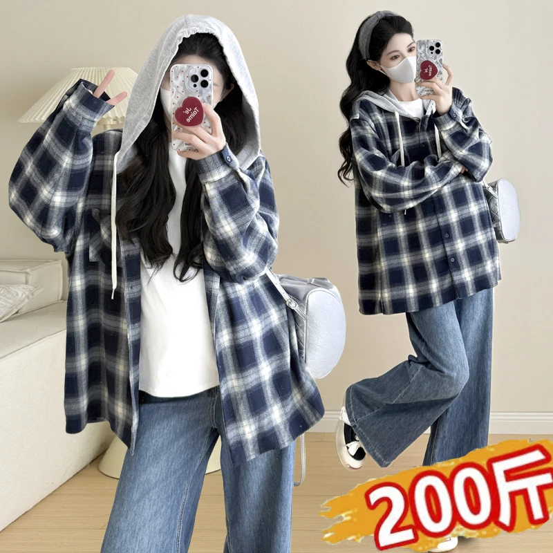 大码孕妇秋冬款时髦格子连帽衬衫外套宽松显瘦百搭长袖上衣200斤