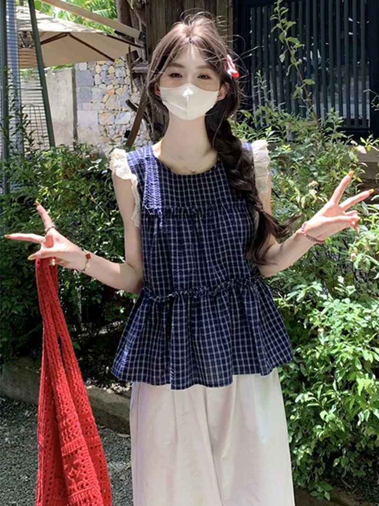 小飞袖格子纯棉无袖上衣女夏季2025新款漂亮多巴胺法式娃娃衫