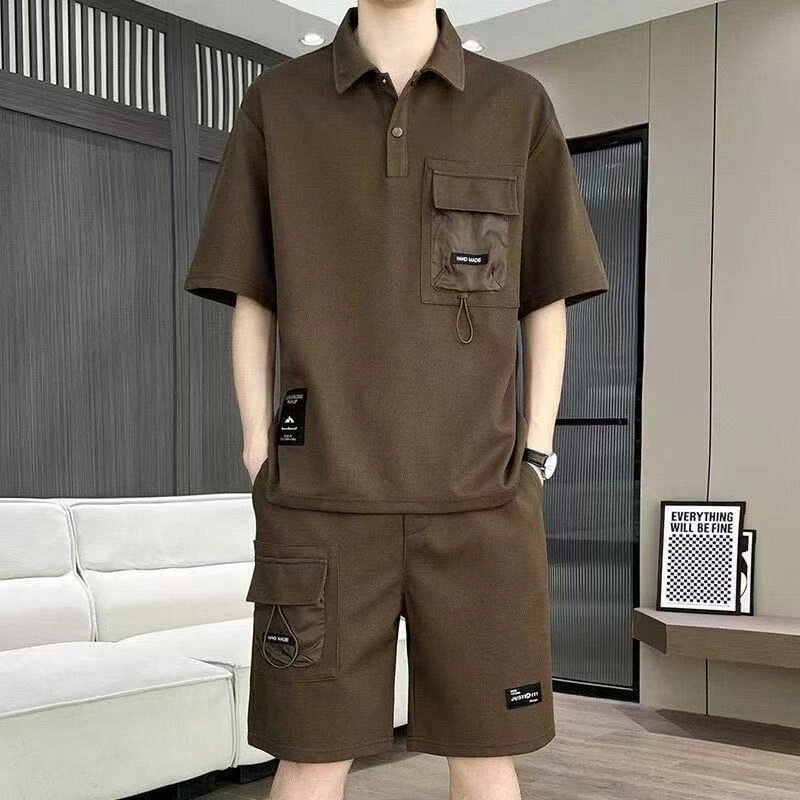 港风薄款POLO套装男2025新款阔版夏季宽松休闲潮流短袖衬衫两件套