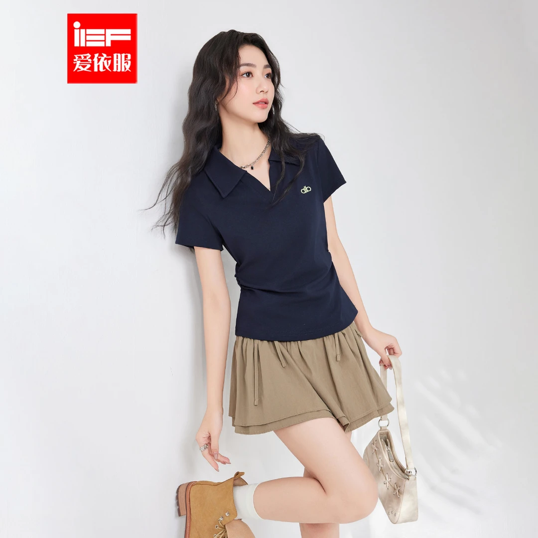 IEF/爱依服2025夏季新款纯欲慵懒风女装通勤正肩短袖上衣流光风
