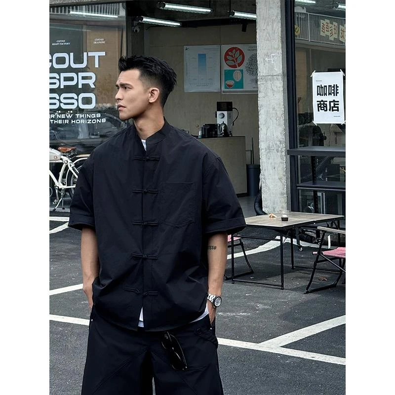 300斤大码男款新中式国风短袖衬衫夏季古风汉服盘口民国中山唐装2