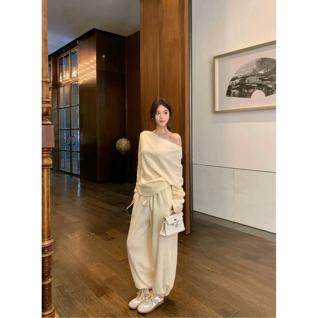 韩系休闲套装斜肩一字肩套装女新款春款