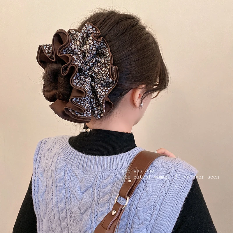 韩系四层缎面碎花大肠发圈女2025新款复古风森系百搭秋冬头饰发饰