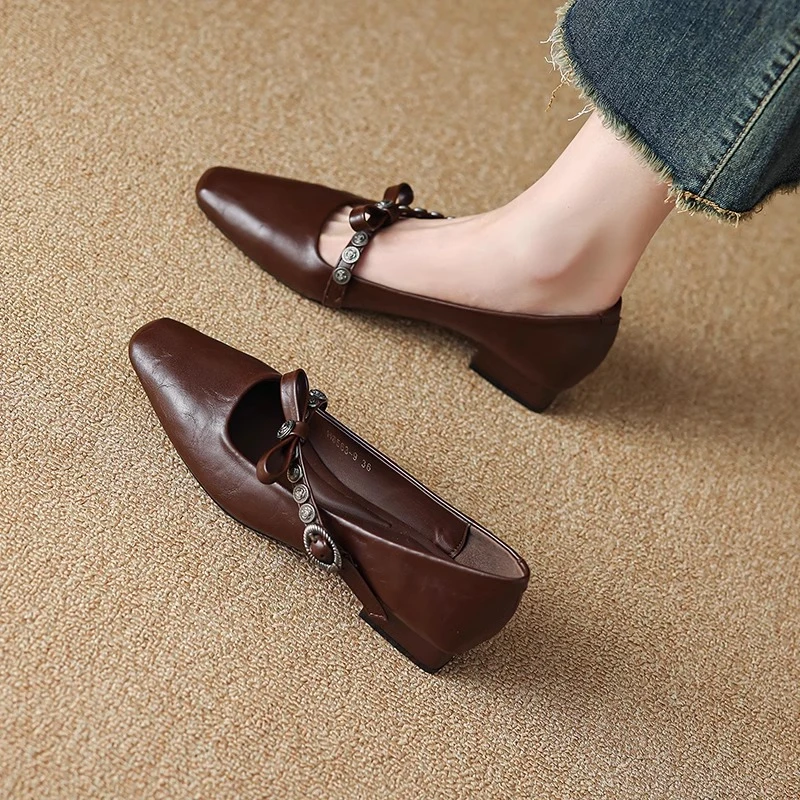 2025春秋季新款法式高跟鞋低跟方头浅口英伦风粗跟平底玛丽珍单鞋