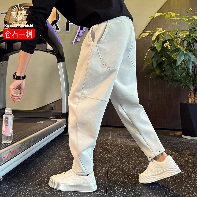 仓石一树巴黎灰加绒弯刀卫裤男秋冬季高端宽松直筒百搭运动休闲裤