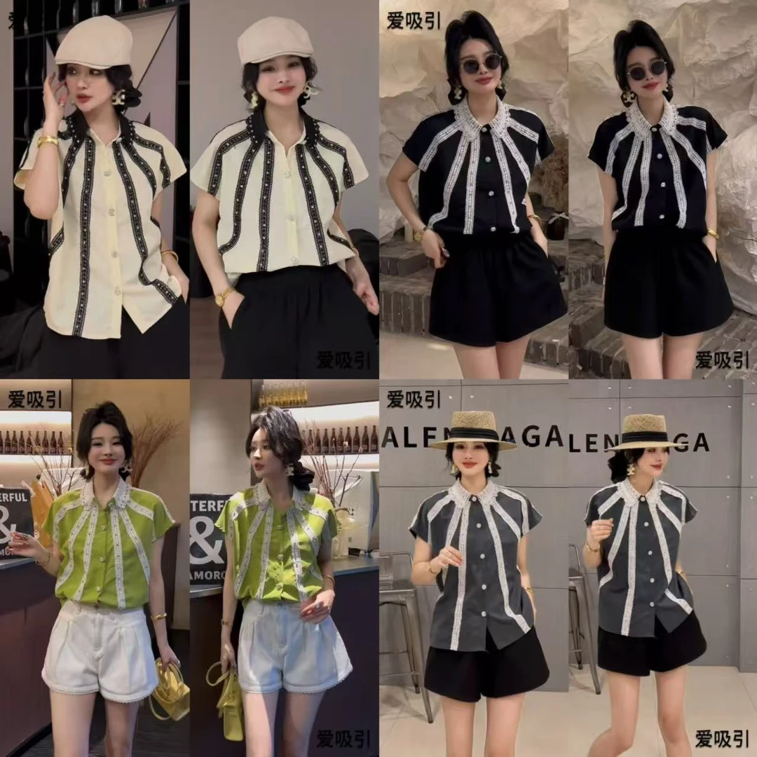 L L琳大码时尚蕾丝拼接带钻花边设计感上衣宽松大码显瘦女装2503