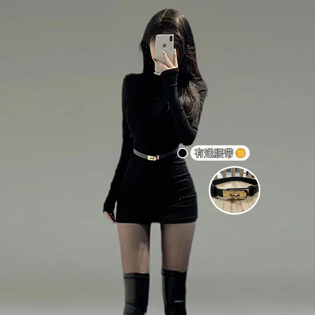 发货巨快||半高领针织包臀连衣裙秋冬女辣妹修身纯欲短裙长袖裙