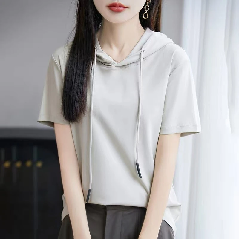 丝光棉连帽短袖t恤女春夏新款100%纯棉带帽卫衣宽松休闲凉感上衣