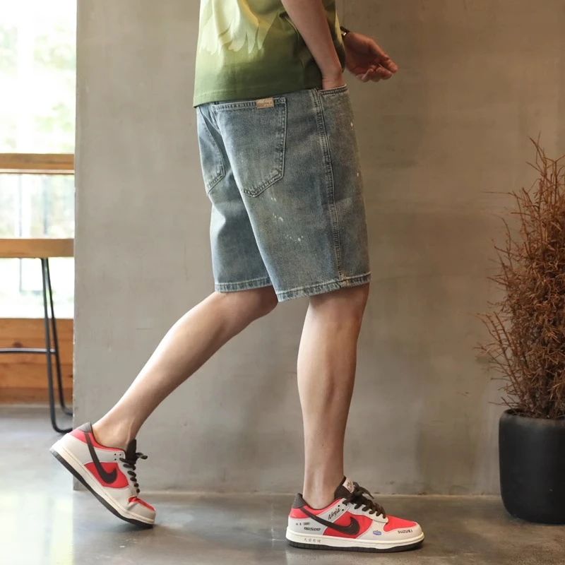 油漆点泼墨牛仔裤短裤男士直筒五分裤子夏季新款潮牌宽松大码中裤