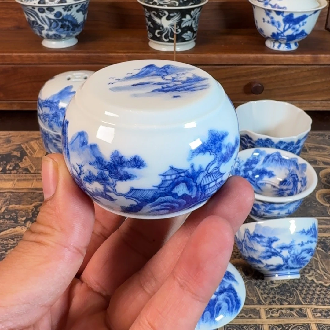 景德镇全手工手绘青花山水石墩盖置