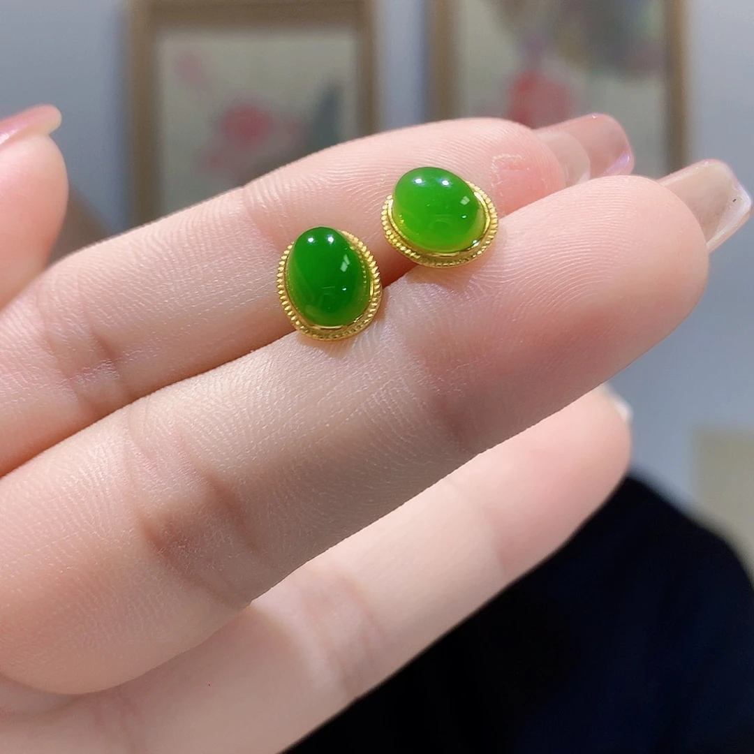 和田玉（碧玉）银S925镀金镶嵌耳饰