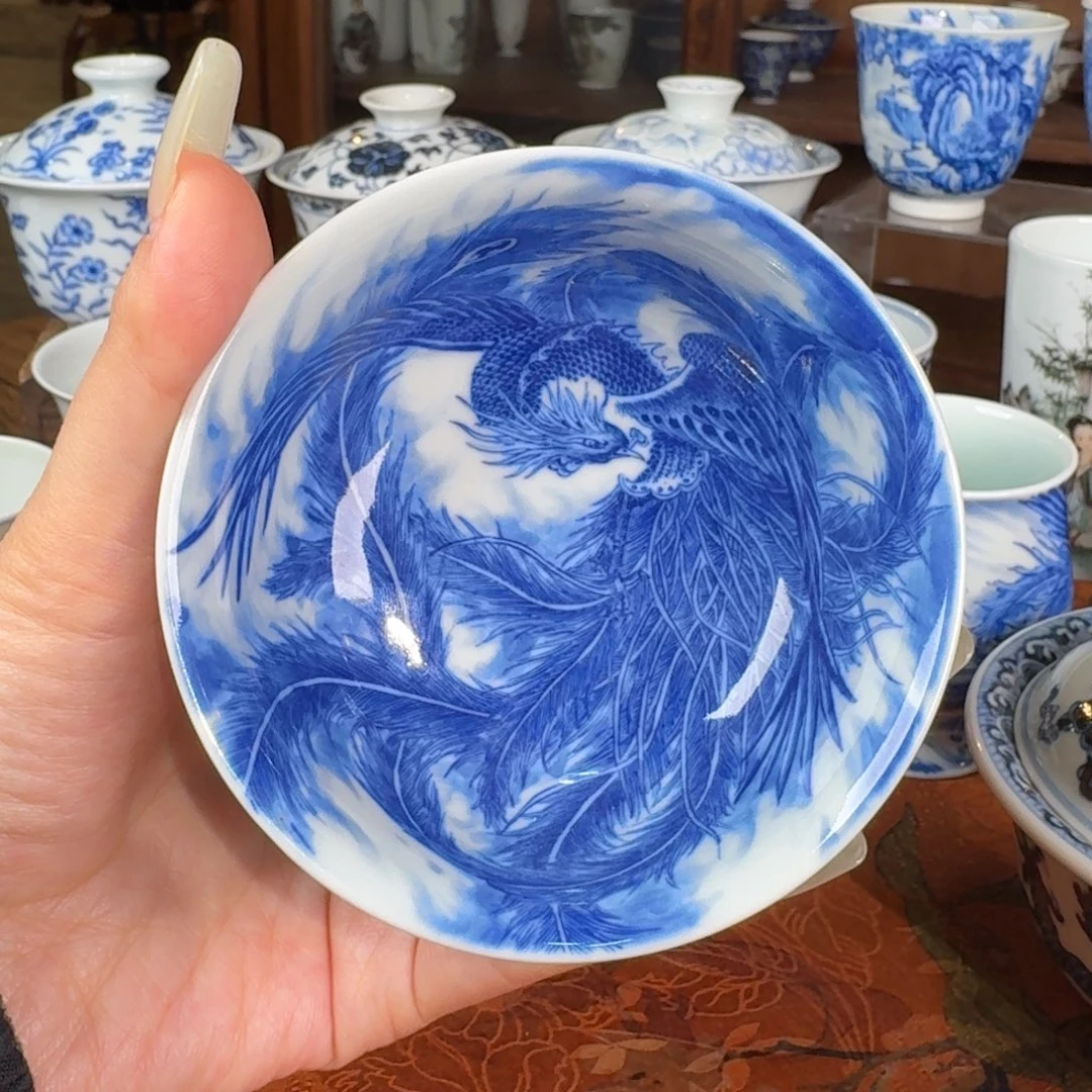 谷子窑青花凤凰炉式杯