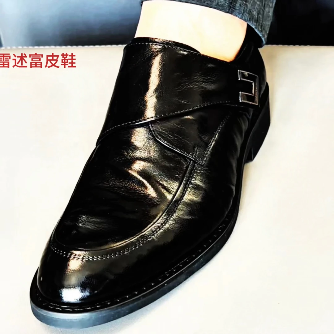 品牌雷述富男士头层牛皮一脚蹬魔术贴梦克鞋商务皮鞋结婚鞋透气