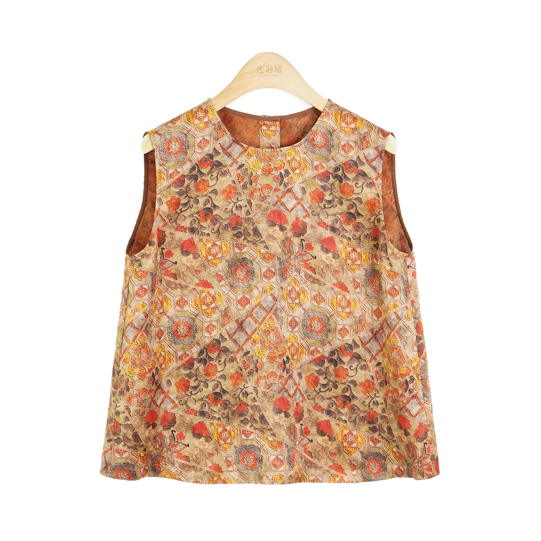 【莲遇曦】太阳花桑波缎红云纱新中式国风女装夏季新款薄款无袖马甲