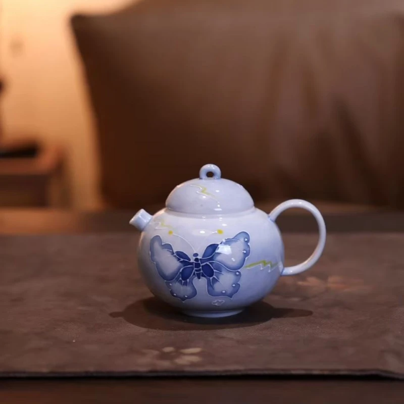 德白直播专属 手工堆绘蓝色梦幻蝴蝶-圆肚茶壶