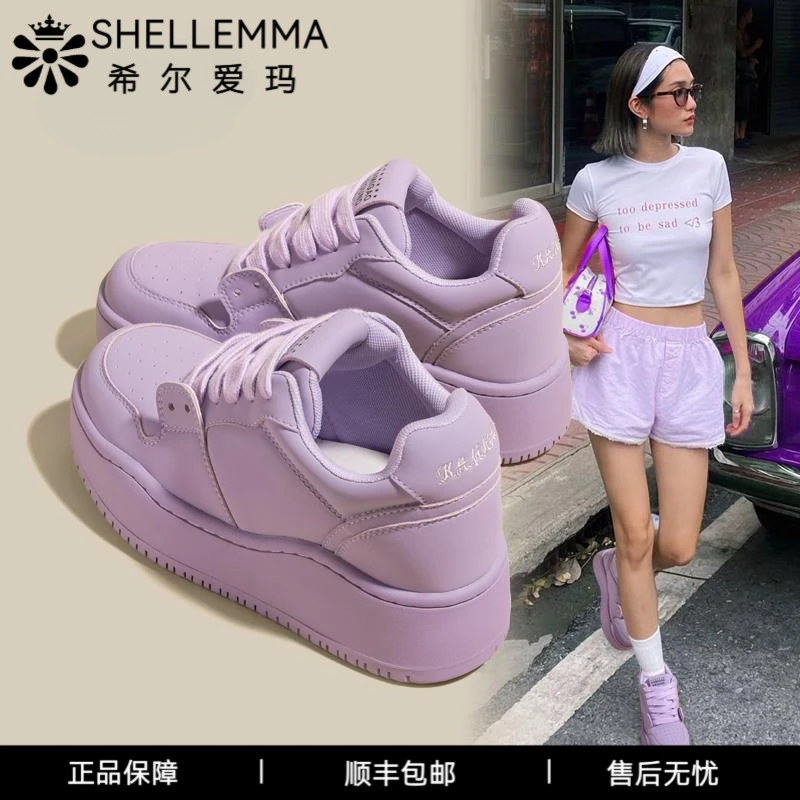 希尔爱玛2025新款真皮内增高板鞋女款新款紫色面包潮鞋子韩版女鞋