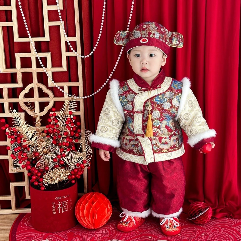 儿童唐装男宝周岁礼服中式秋冬加厚套装宝宝抓周冠衣喜庆拜年服新