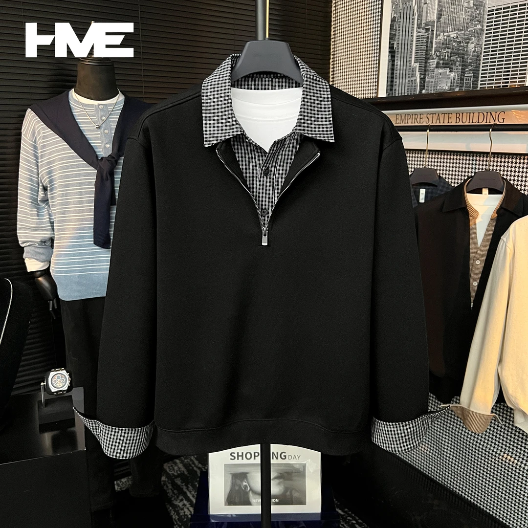 【HMEYAO】【空气层千鸟格假两件】秋冬新贵拼接拉链撞色层次感POLO衫