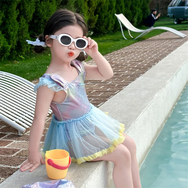 女童吊带连体泳衣速干透气夏季2025新款儿童美人鱼宝宝渡假游泳衣