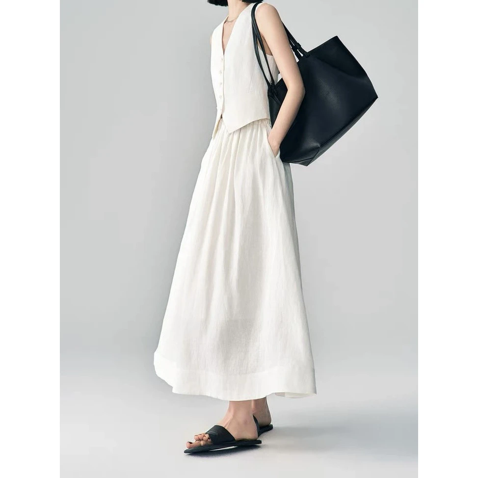 2025高级感夏季新款老钱风气质全亚麻马甲背心半裙越南小众连衣裙