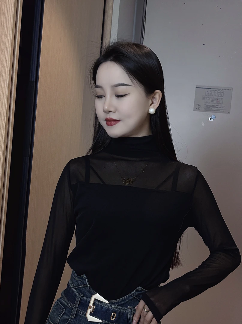 半高领网纱黑色打底衫女长袖2025新款春装t恤内搭外穿高级感上衣