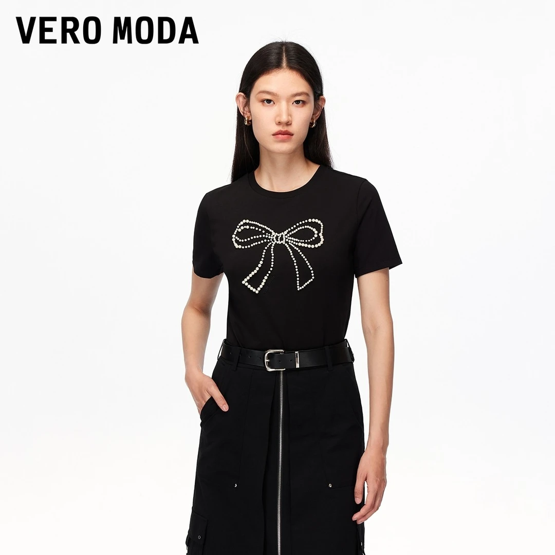 Vero ModaT恤2025夏日穿搭新款圆领立体人造珍珠上衣325201068