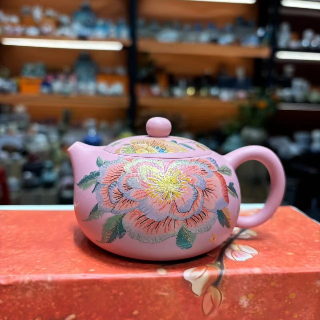 玲珑 粉色紫砂刺绣牡丹西施壶一壶两杯小套装功夫茶具-2677