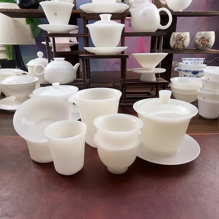 隐唐窑/璞玉素烧自生釉盖下150ml马蹄盖碗10件套