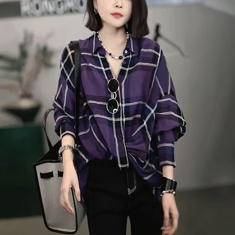 韩版时尚洋气经典格纹前襟打结衬衫春季新款宽松显瘦polo领衬衣女