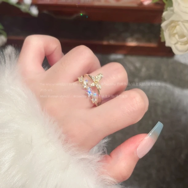 铜合金合成锆石戒指 C240网红ins超仙精致气质双层蝴蝶结开口戒指