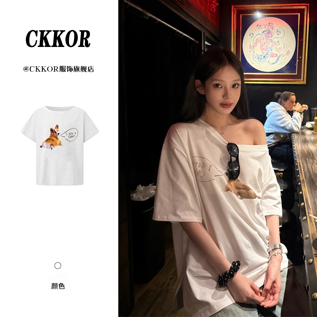 CKKOR夏季新款露肩短袖t恤女辣妹穿搭美式潮流印花宽松慵懒风上衣