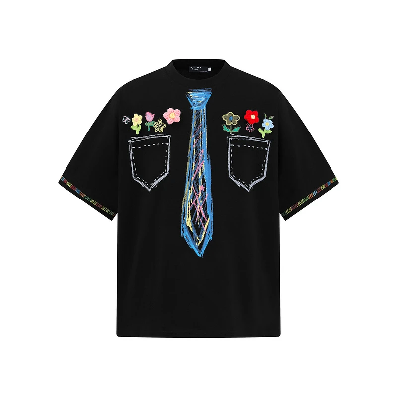 美式复古潮流个性领带涂鸦印花青少年短袖t恤立体花朵哈苏彩线短T