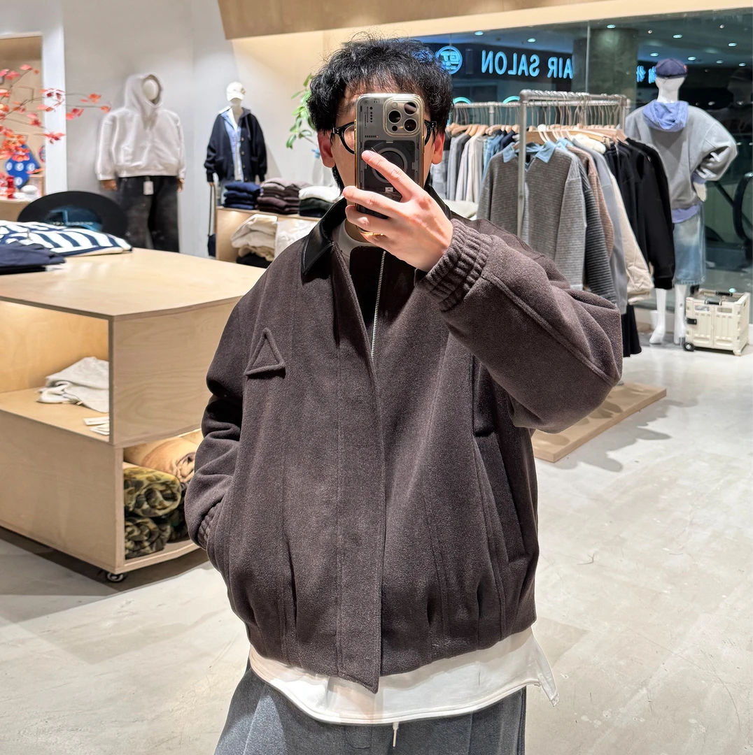 短款拉链珍藏呢料宽松日系复古冬季加绒加厚款夹克领男 LF25356