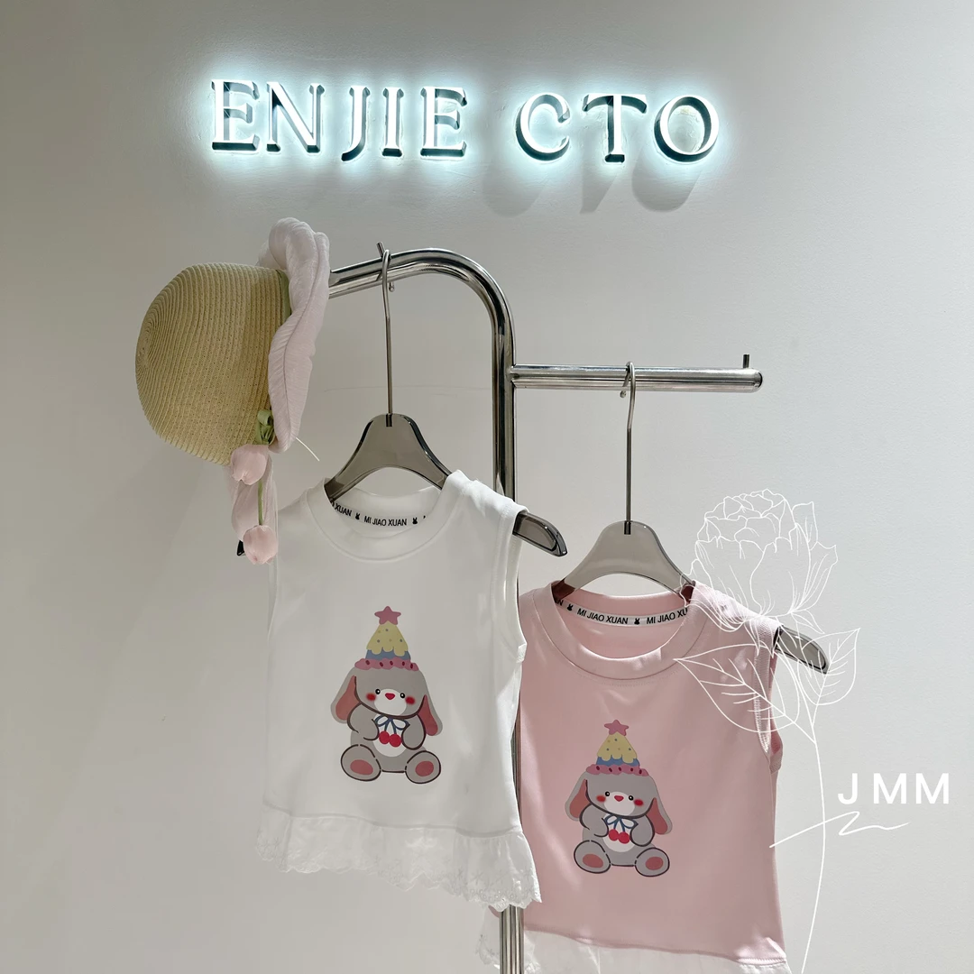 K057 女童夏季卡通背心可爱小熊印花蕾丝花边洋气百搭上衣