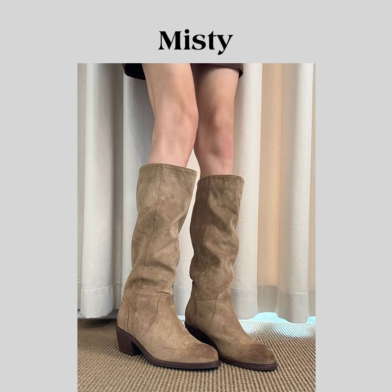 Misty雾屿女鞋|34-40|5.5cm|2025新款简约百搭擦色显瘦中筒靴