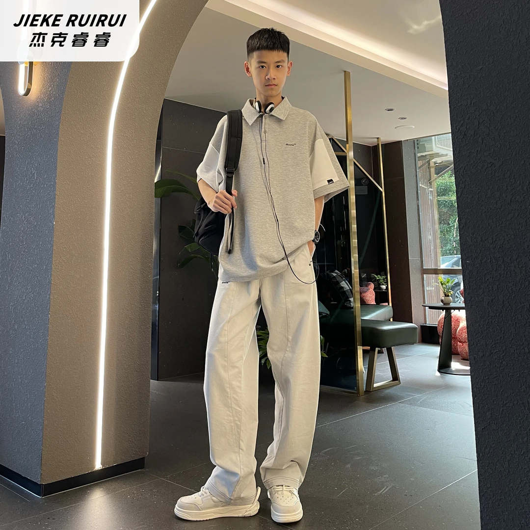 【现货-睿】夏季翻领polo衫短袖拼接T恤中大童休闲短袖宽松杰克睿睿