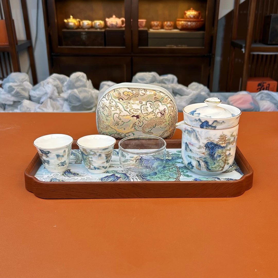 ZH3653-山水描金旅行茶具一壶三杯+茶盘