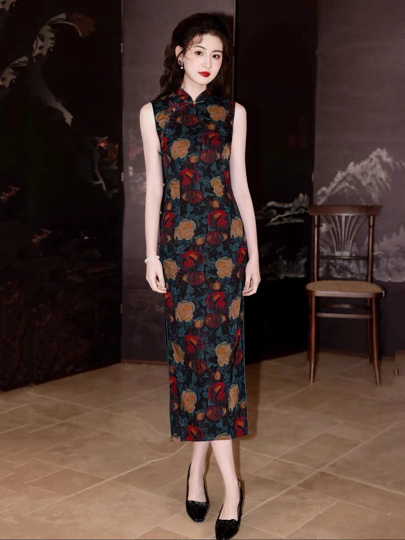 旗袍中式立领长旗袍无袖少女复古走秀印花日常显瘦气质修身大码