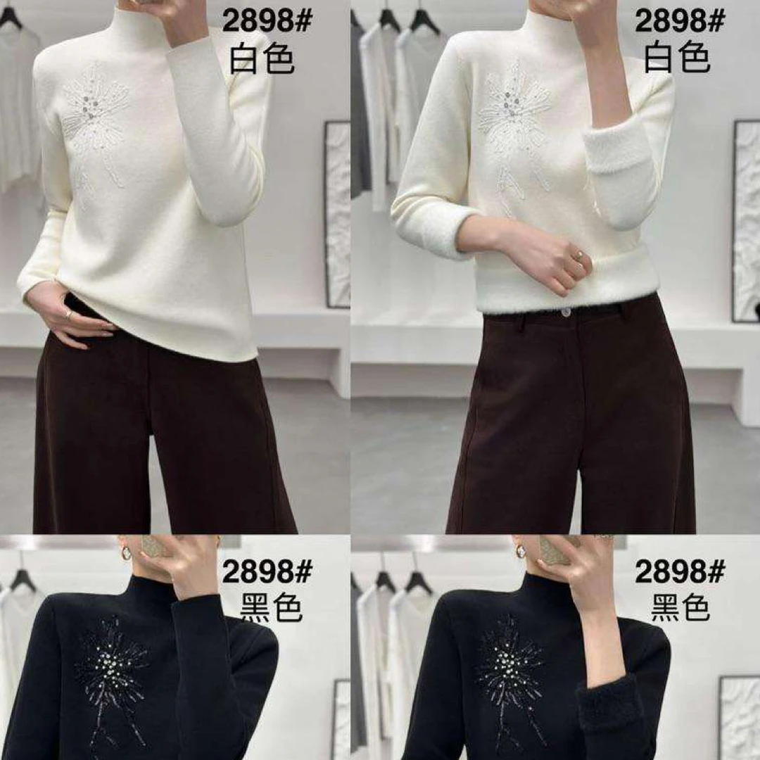 珍姐精选珠片设计半高领针织衫女韩版气质保暖秋冬打底上衣2898