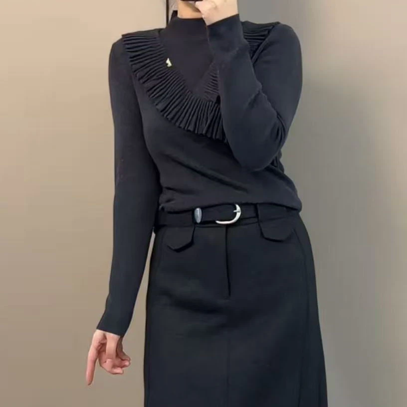 今年流行穿搭2025秋冬新款温柔风荷叶边拼接假两件针织衫长袖上衣